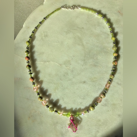 Natural Moldavite Necklace with Unakite Stones, Czech Crystals & Wire Wrapped  💖 - Picture 6 of 15